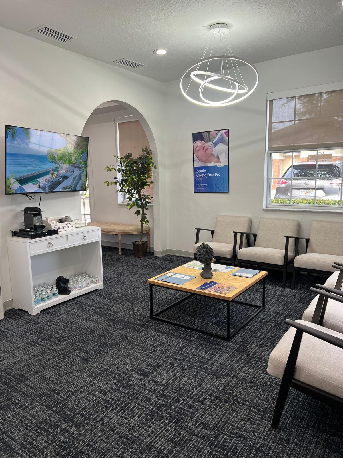 Medical spa waiting lounge with comfortable seating