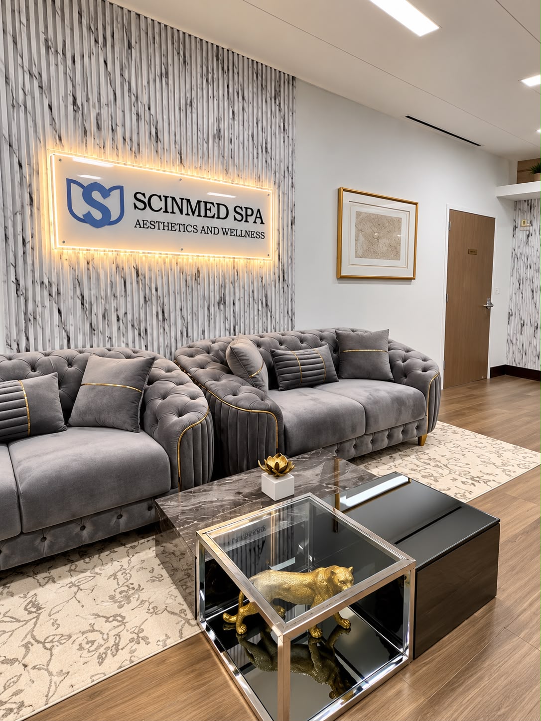 Lounge seating and coffee table in a spa lobby