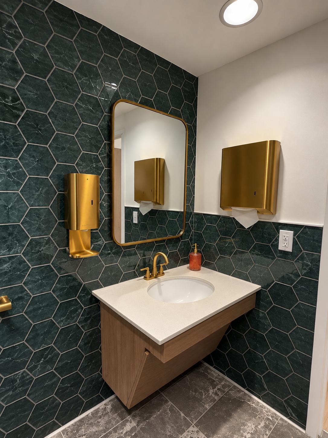 Restroom with green tile, wood vanity and brass fixtures