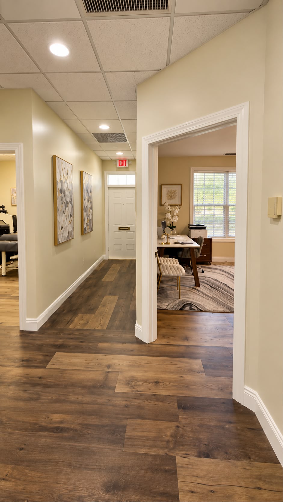 Hallway connecting spa treatment rooms
