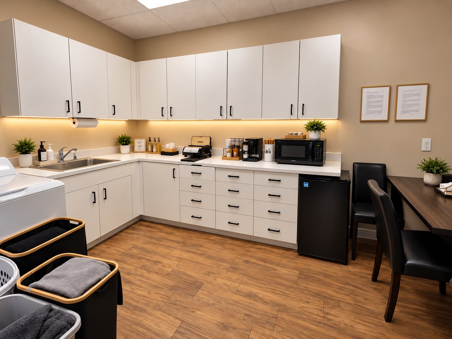 Bright consultation office with warm wood cabinetry