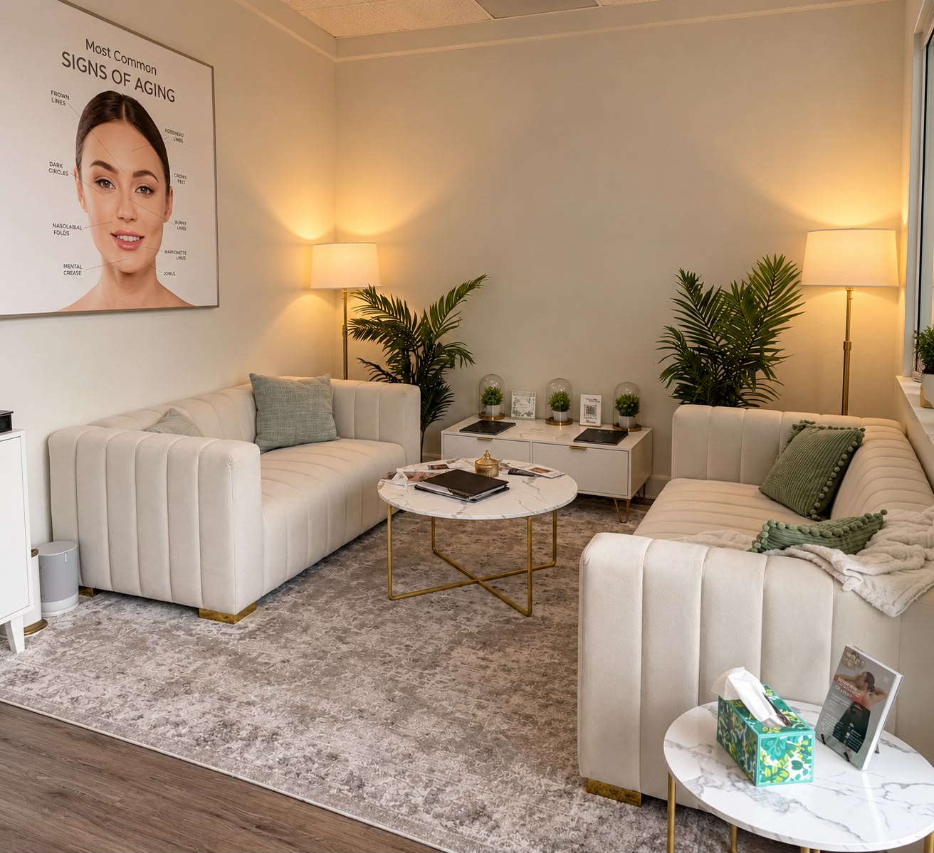 Welcoming waiting room with sofa and plants
