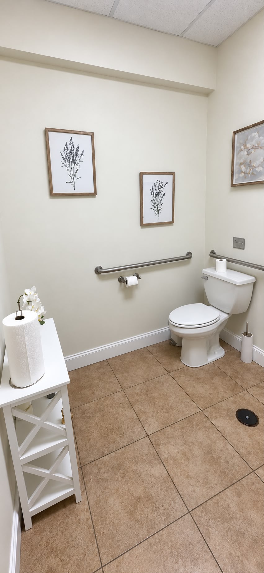 Finished spa restroom with light stone and wood