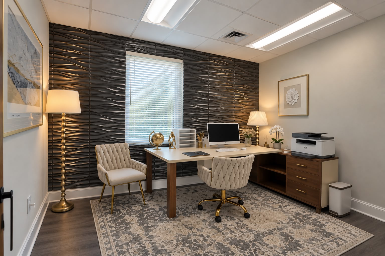 Private consultation office with dark accent wall