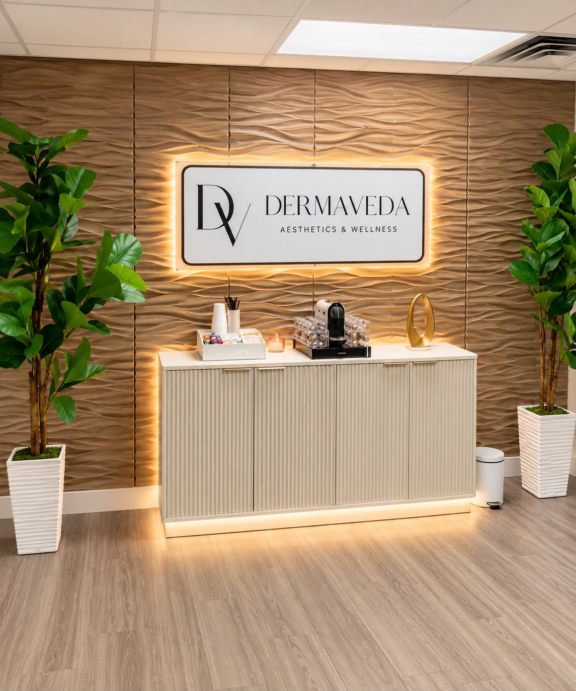 Bright reception desk with warm accent lighting