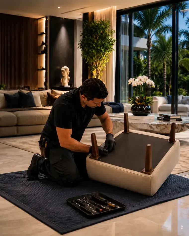 Furniture repair and assembly service in a luxury Miami living room