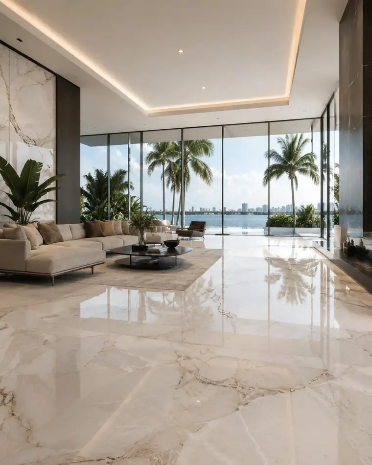 Premium marble flooring in a modern Miami waterfront living room