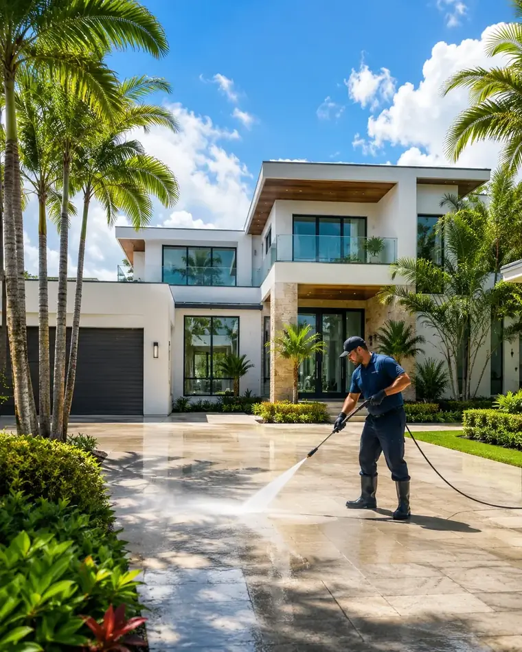 Driveway pressure washing at a modern Miami home